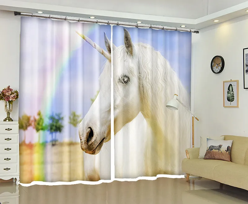 

White unicorn Curtain Luxury Blackout 3D Window Curtain Living Room kids Bedroom Cortina Drapes Rideaux Customized pillowcase