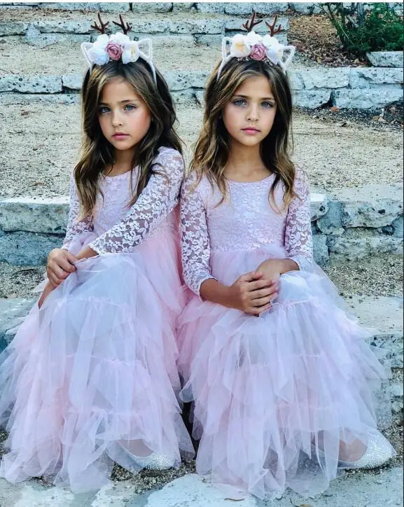 

Top market flower baby girl layered tulle wedding dresses children sleeveless lace princess party dresses fairy tutu 1pc