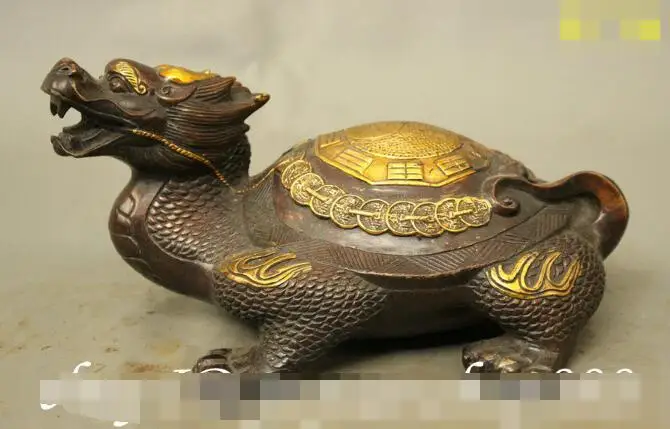 

S01530 10" Chinese FengShui Bronze Gilt Exorcise Dragon Turtle Trigram Statue Sculpture (B0413)