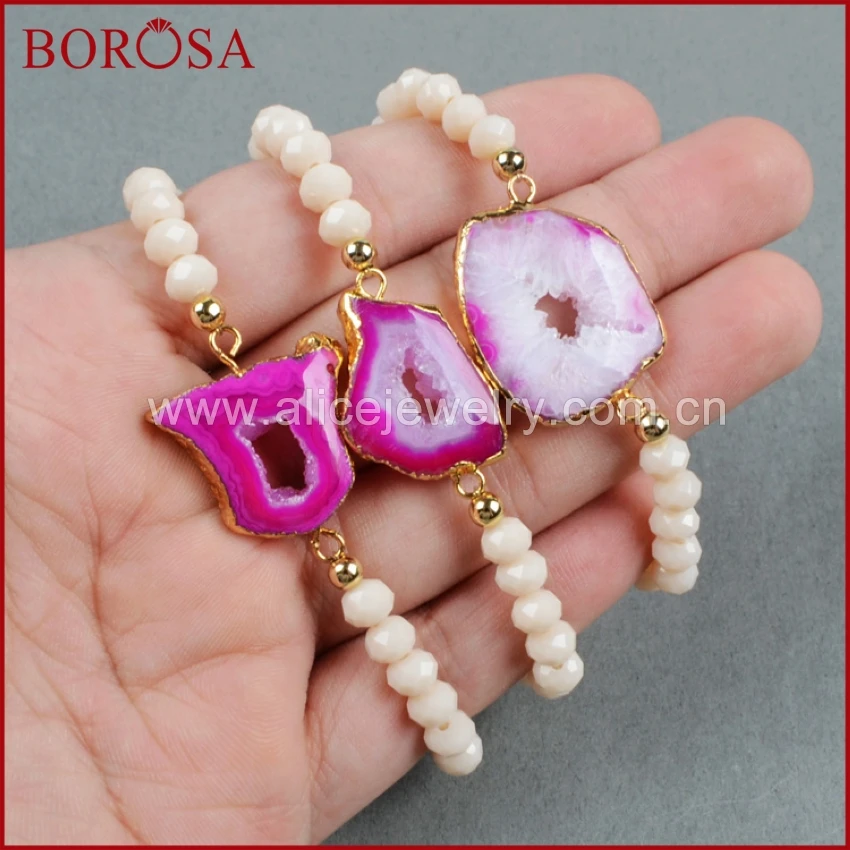 

BOROSA 5PCS Gold Color Crystal Druzy Geode Slice Pink Blue Bracelet 6mm Cream Glass Beads Bracelet Druzy Bangle Jewelry G0300