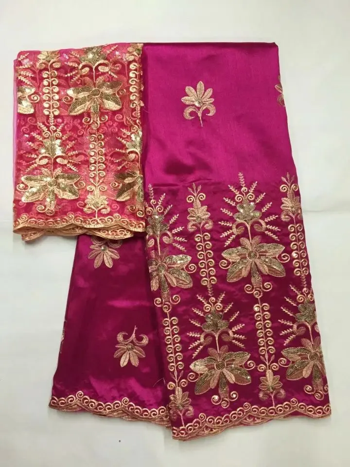 

5Yards Beautiful fuchsia african George lace fabric with gold sequins and 2yards french net lace set for clothes JG26-1