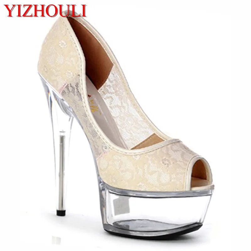 15cm High Heels And Night Club Single Shoe Lace Crystals And Small Size
