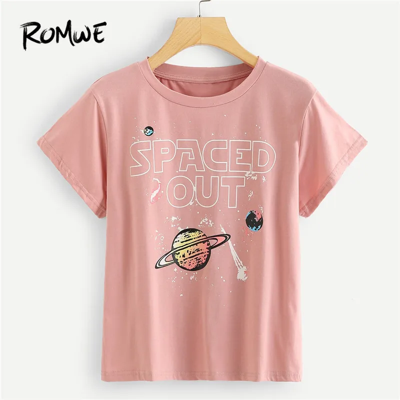 

ROMWE Woman Blue O Neck Short Sleeve Casual T Shirt Fashion Summer Tees 2019 Chic Galaxy Print Letter Tops Womes Clothing