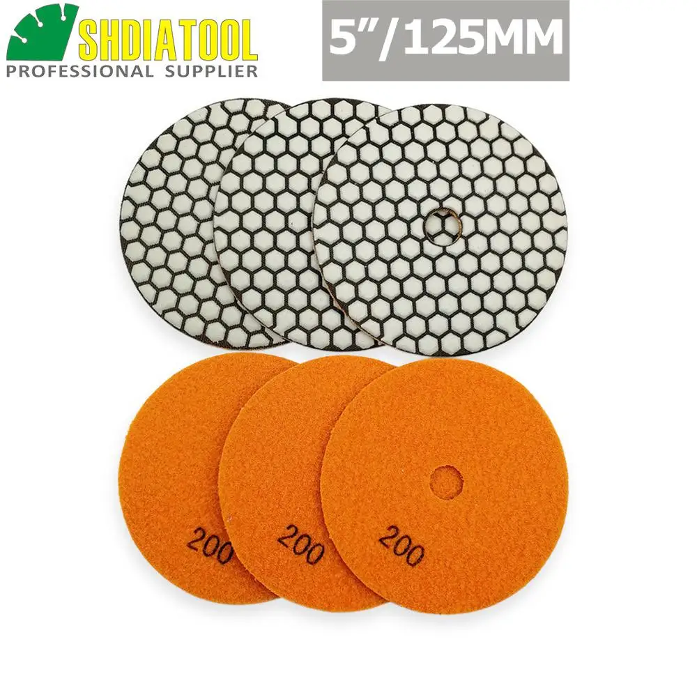 

SHDIATOOL 6pcs 5" #200 B Diamond dry polishing pads Dia 125mm Resin Bond Sanding Disc For Granite Marble Stone Polisher Pad