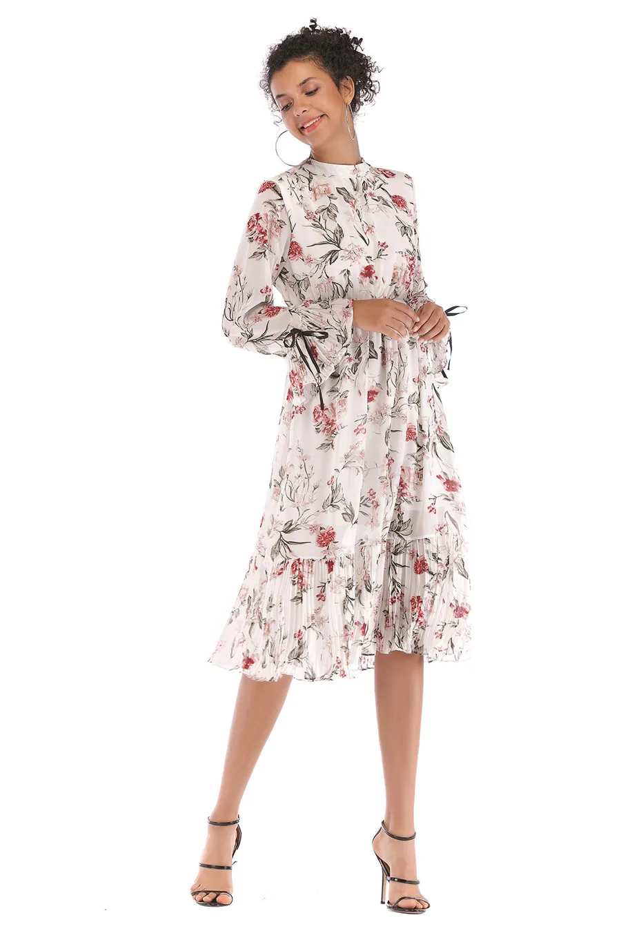 Gladiolus Floral Print Spring Autumn Women Dress 2019 O-Neck Lace Up Flare Sleeve Tunic Chiffon Dress Women Midi Party Dresses (21)