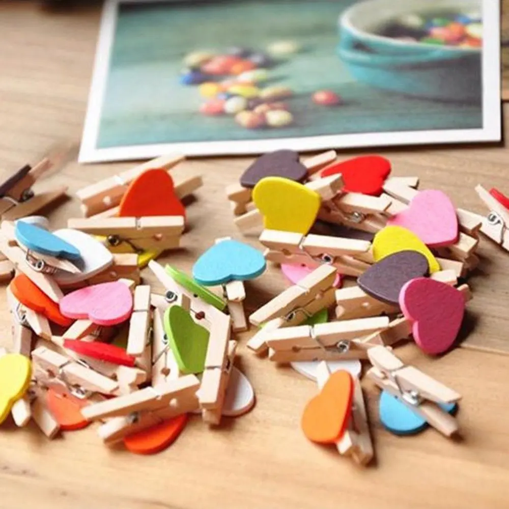 50 pcs Mini Hearts Wooden Pegs Photo Clips Craft Wedding Party Xmas Decor 