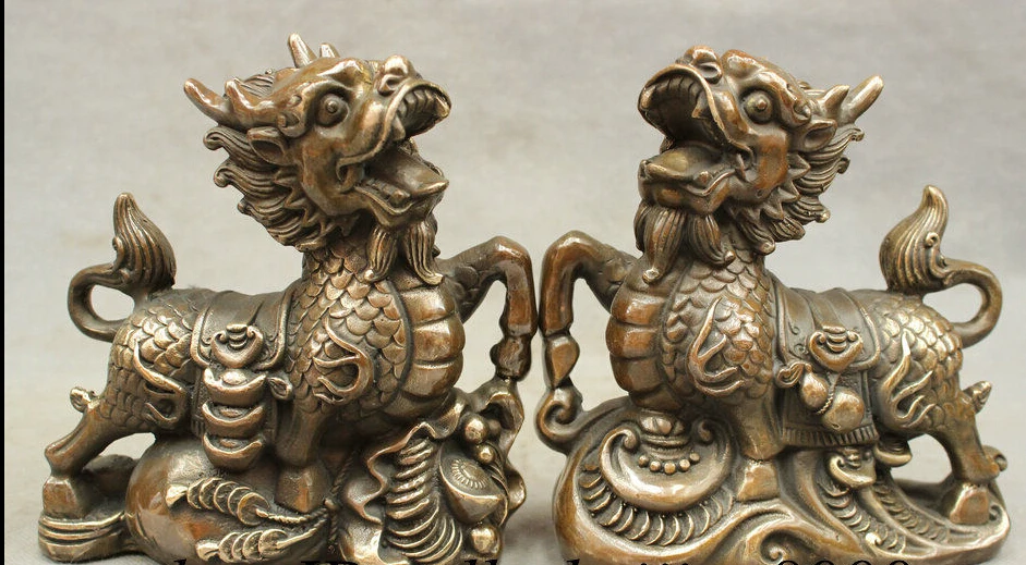 

wan671001+++FengShui Chinese Bronze Copper Wealth Coin Bag RuYi Dragon Kylin Statue Pair