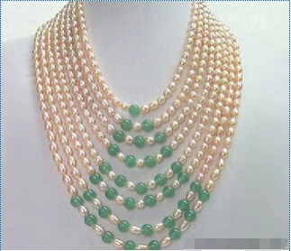 

FREE SHIPPING8 Rows Real Pink Pearl Green Jade 18KWGP Clasp Necklace