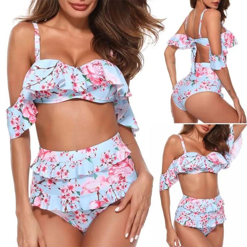 

Women Sexy Two-Piece Bikini Set Off Shoulder Tiered Ruffles Padded Bra Cherry Blossom Floral Printed Swimsuit High Waist Thong B