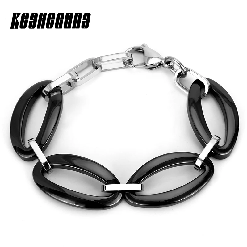 

New Big Oval Link Chain Stainless Steel Bracelet Black White Color Ceramic Trendy Women's Bracelet Fashion Jewelry Elegant Gifts