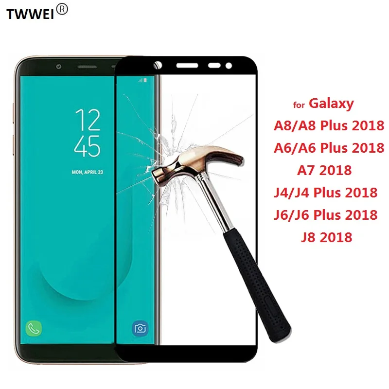 Полное покрытие, закаленное защитное стекло для samsung Galaxy J4 J6 Plus J8 A6 A8 Plus A7, Защитное стекло для экрана, пленка из фольги