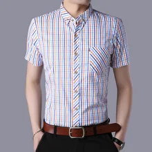 Европа Лето Мужская мода отложным воротником короткий рукав карманов Однобортный плед блузки Топы Мужской Бизнес рубашки