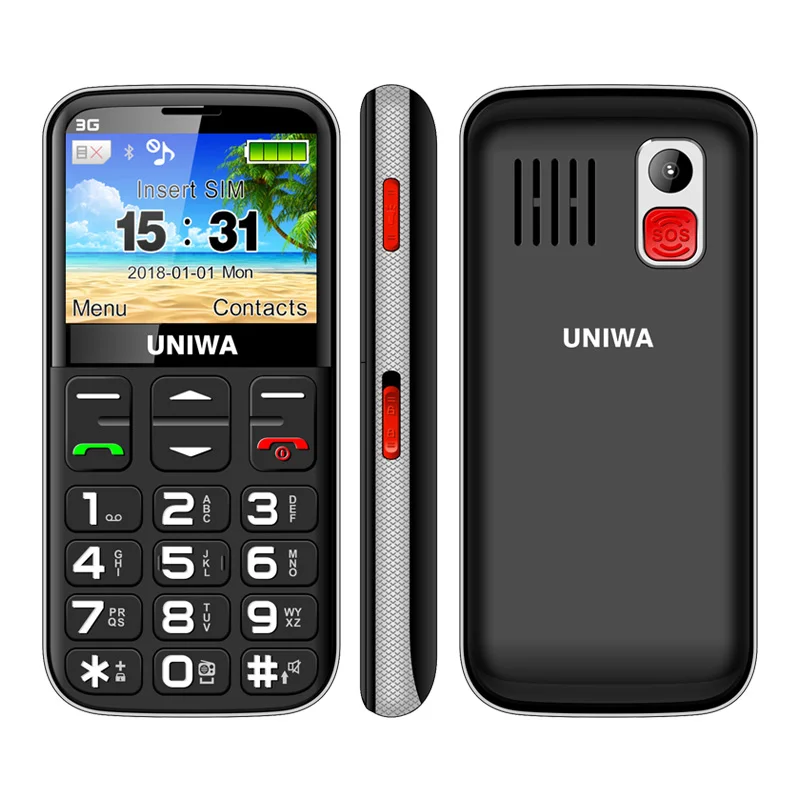 Uniwa V808G мобильный телефон 3g WCDMA кнопка SOS 1400mAh 2,3" экран фонарик Фонарь для мобильного телефона - Цвет: Черный