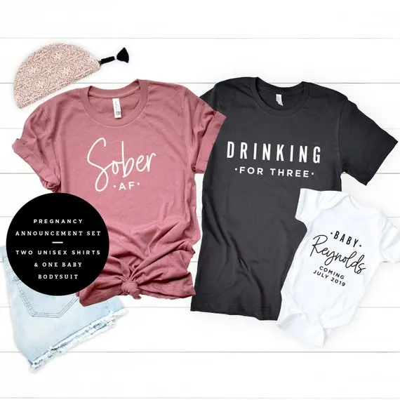 

OKOUFEN Pregnancy Announcement DRINKING FOR THREE Sober Baby Family Matching T-shirt Casual Pregnant New Mom Top Tee Plus Size