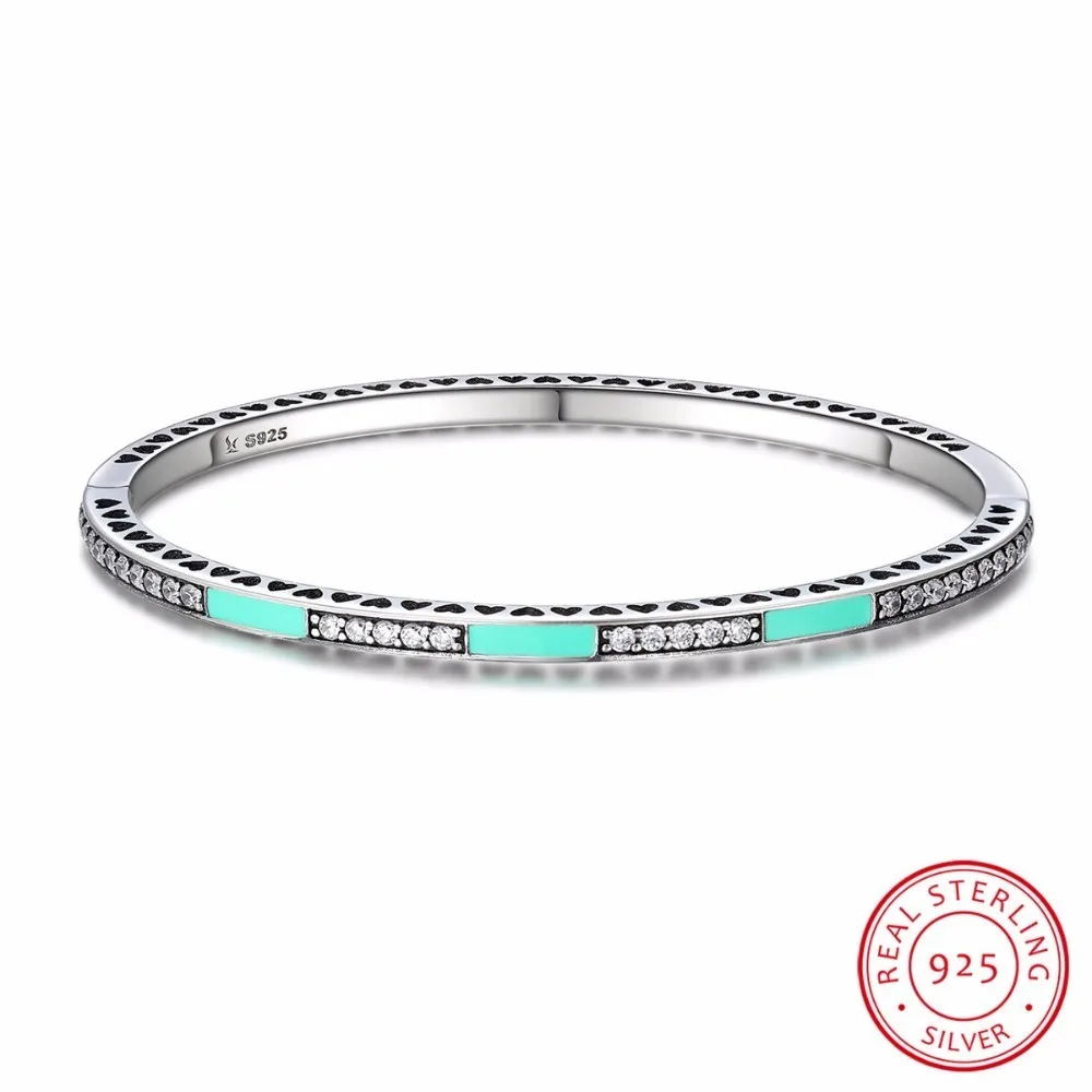 

Authentic 100% 925 Sterling Silver Radiant Hearts, Light Green Enamel & Clear CZ Bangle & Bracelet Luxury Jewelry SCB016