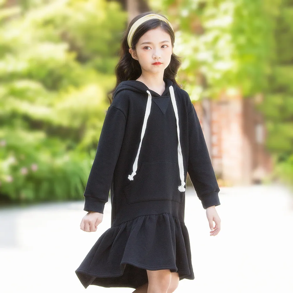 

Girls Winter Dress Fleece Thick Black Hooded Sweater Princess Dress Kids Dresses for Girls Clothes Kids Costume 8 10 12 Years