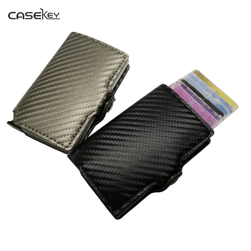 

CaseKey Antitheft Mini Wallet High Quality Carbon Pu Leather Wallet Slim Men Leather RFID Mini Wallet Automatic Credit Card Case