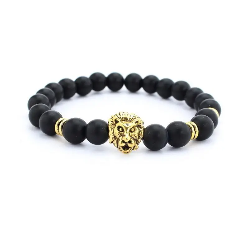 

Xueka Wholesale Antique Gold-Color Leo Lion Head Bracelet Black Lava Stone Beaded Bracelets For Men Women Pulseras Hombre
