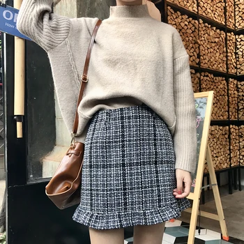 

Autumn Tweed Skirts Women Mini Pencil Skirts Plaid Wool Skirts Korean Slim High Waist Elegant Tweed Skirt Lady Ruffle streetwear