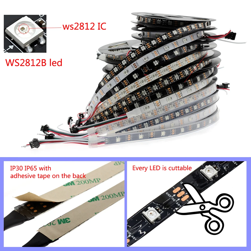 1 м 2 м 3 м 5 м полноцветная WS2812B Светодиодная лента DC5V черный/белый PCB RGB Smart Pixel control Светодиодная лента
