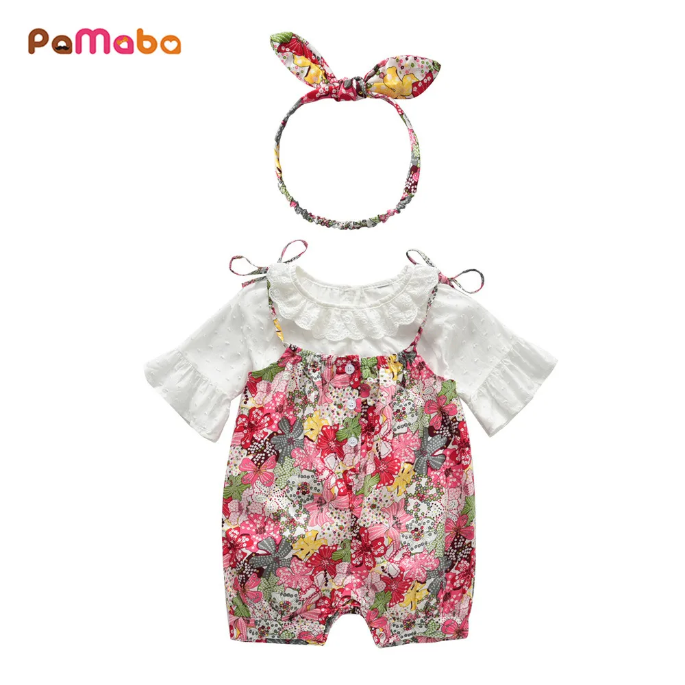 

PaMaBa 3Pcs Baby Summer Clothes Set 0-18M Infant Flare Sleeve Lace Top Halter Strap Pants Overall and Headband Toddlers Clothing