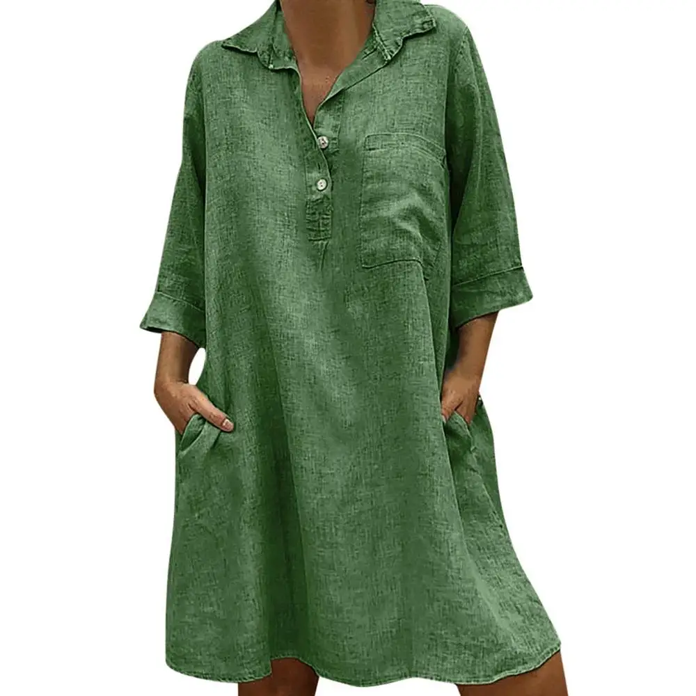 Женское платье, женское однотонное платье в стиле бохо с отложным воротником, рукав 3/4, повседневный карман, пуговицы размера плюс, Vestidos Verano mujer#30 - Цвет: Green