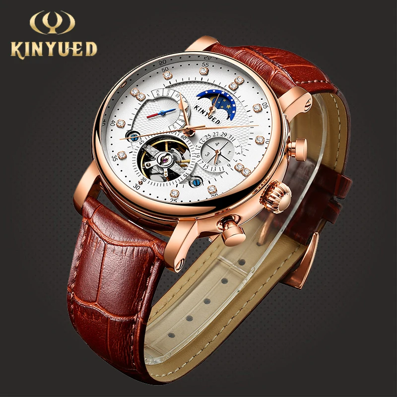 

KINYUED Moon Phase Top Brand Men's Mechanical Watch Automatic Tourbillon Hollow Watch Men's Calendar Free Shipping