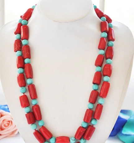

Miss charm Jew1558 Natural 50" 22mm red cylinder coral blue turquoise bead necklace A0510