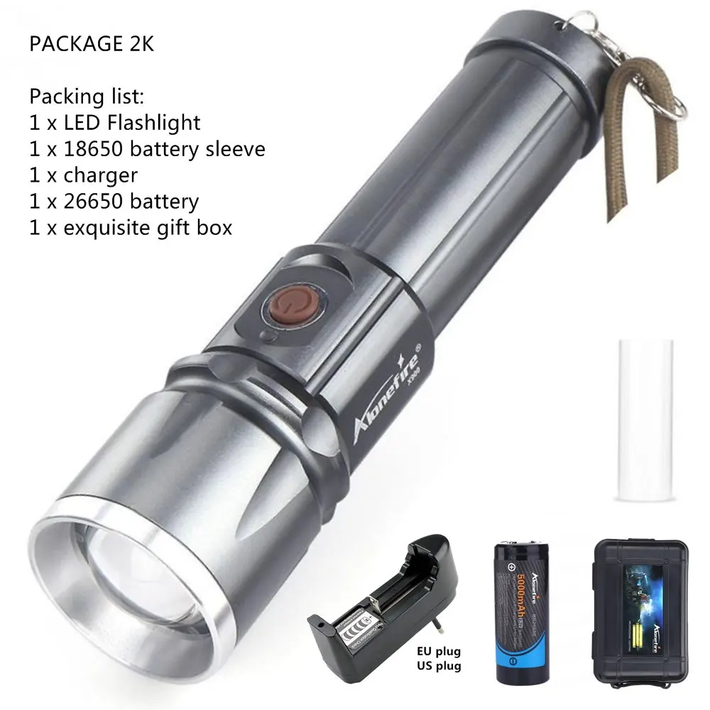 AloneFire X900 CREE XML T6 светодиодный фонарь Zaklamp алюминиевый фонарь с зумом водонепроницаемый фонарь hike 26650 аккумулятор USB зарядка - Испускаемый цвет: Package 2K