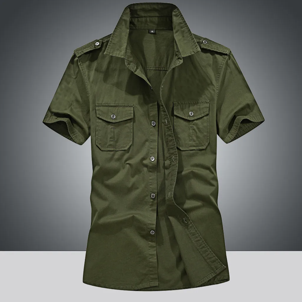 Lncdis Роскошные Для мужчин рубашка в стиле милитари s короткий рукав Slim Fit Camisa Masculina