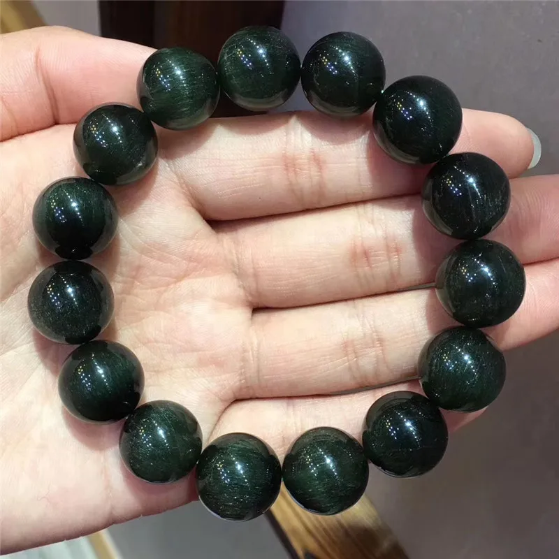 

15.8mm Natural Green Hair Rutilated Quartz Crsytal Bracelet Women Men Cat Eye Effect Business Stone Gift Round Beads Jewelry