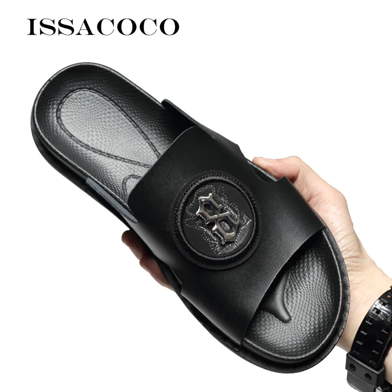 

ISSACOCO Genuine Leather Men's Slippers Men Flip Flops High Quality Beach Sandals Non-slip Male Slippers Home Slippers Pantuflas