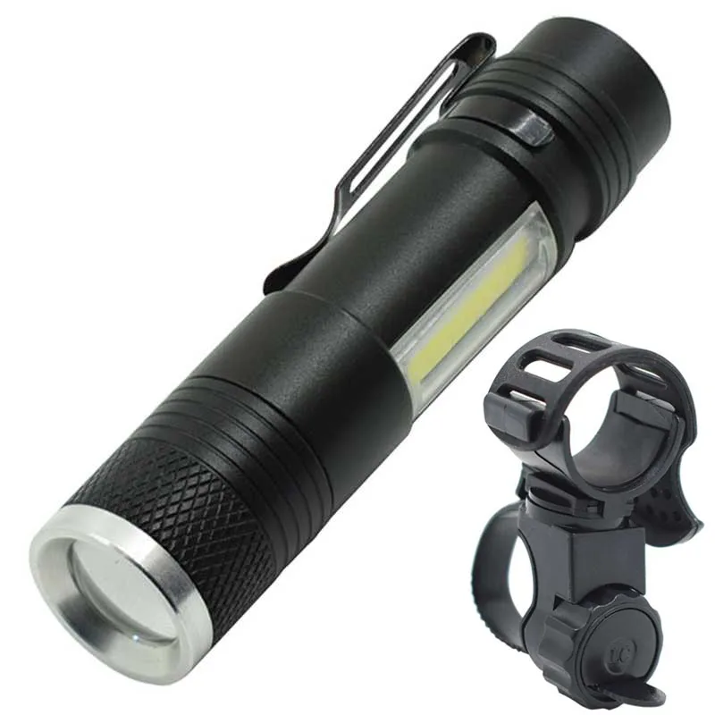 

Portable Q5 LED + COB Flashlight Mini Camping Light Linternas Potentes Torch Lamp 4 Modes With Bicycle Light Holder For Cycling