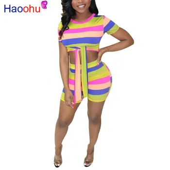 

HAOOHU Stiped Two Piece Set Summer Clothes for Women Tracksuit Crop Top and Shorts Suit Bodycon 2 Piece Outfits Matching Sets
