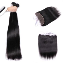 30 32 34 36 38 40 Inch Capelli Lunghi Fasci Con 13x4 Chiusura Tessuto Brasiliano Dei Capelli 3/4 Fasci con Frontale Dei Capelli di Remy UEENLY