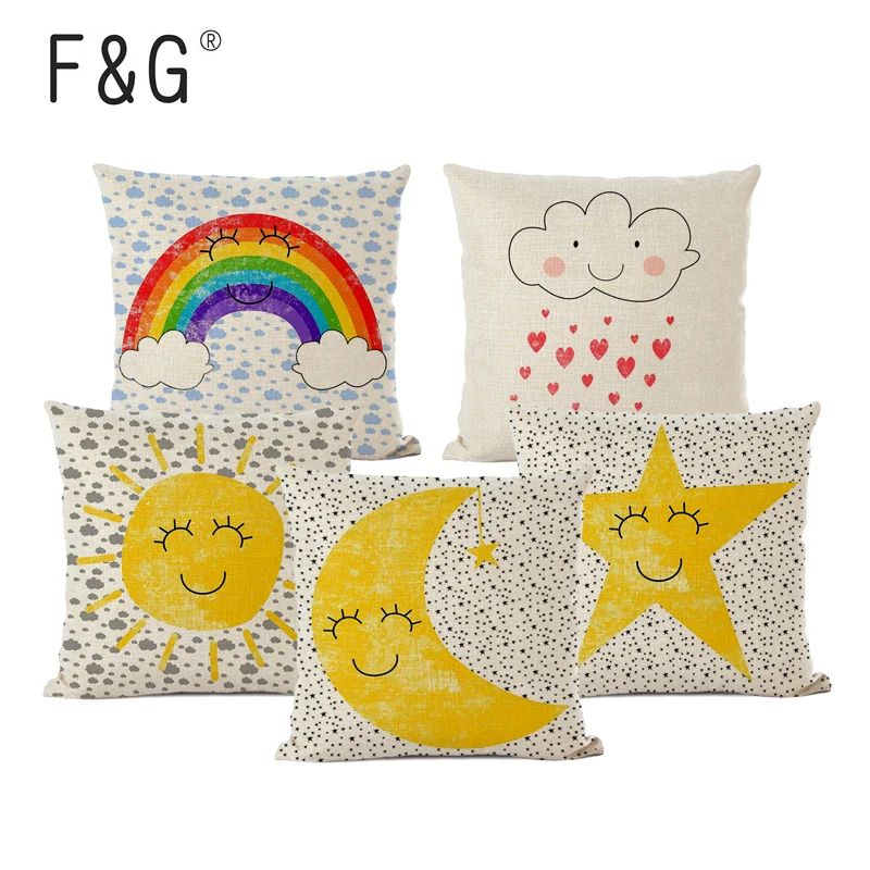 

Cartoon Print Cushion Cover Happy Nursery Star Moon Print Child's Pillow Case Cotton Linen Home Sofa Decorative Throw Pillow