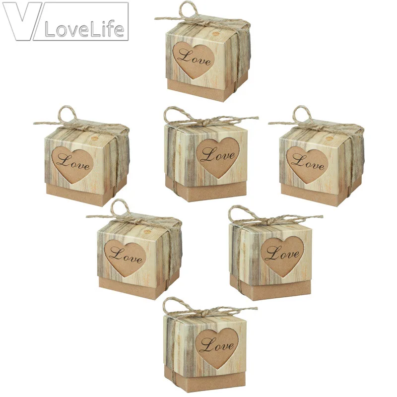

100pcs/lot Romantic Heart Candy Box for Wedding Decoration Vintage Kraft Wedding Box Favors and Gift Box with Burlap Twine Chic