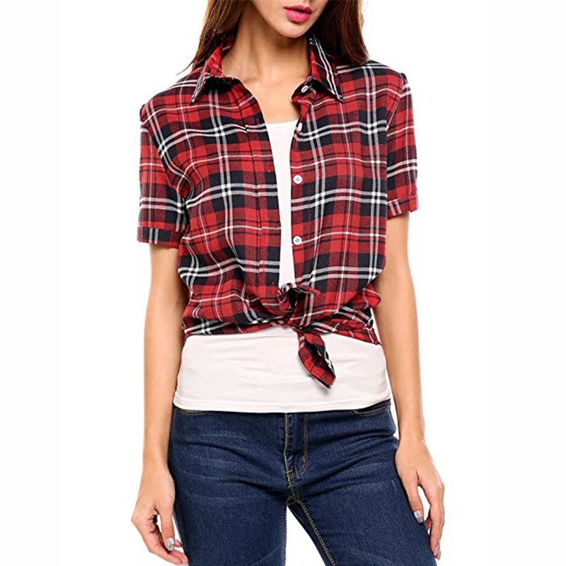 

Dioufond Cotton Solid Short Blouses Button Casual Style Women Shirts Summer Plaid Turn-down Collar Ladies Tops Fashion