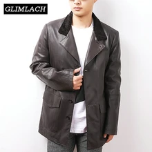 2019 Spring Fashion Men Genuine Leather Coats Business Real Cow Leather Long Jacket Faux Fur Collar Single Breasted Cowhide Coat
