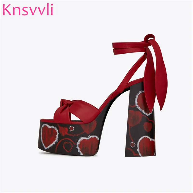 

Red Leather Love Printing Chunky High Heels Gladiator Sandals Women Cross Lace Up Extreme High Heels Platform Sandalias Mujer
