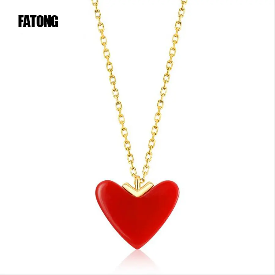 

S925 sterling silver small red heart 9k gold coral necklace this year red heart-shaped necklace j0441