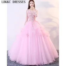 Розовые Бальные платья с длинными рукавами Пышное Бальное платье кружевное с цветами Vestido De Debutantes E 15 Anos платье для выпускного вечера розовое
