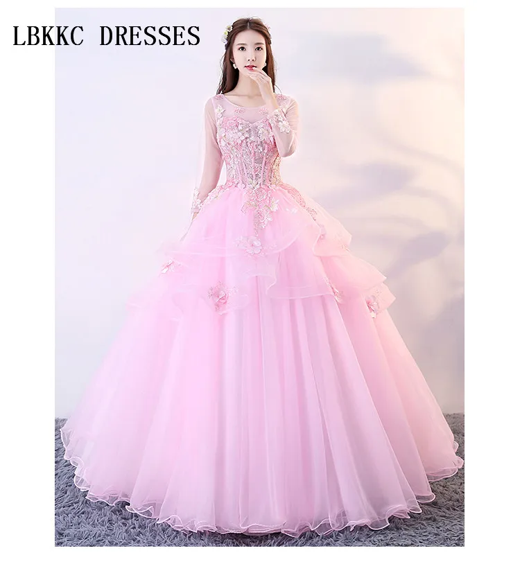  Pink  Quinceanera  Dresses  Long Sleeves  Puffy Ball Gown  Lace  