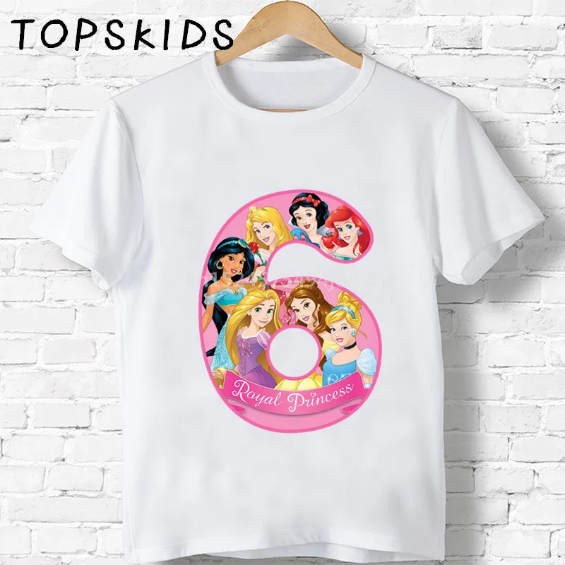 Детские футболки с мультипликационным принтом «Happy Birthday» и цифрой 1-9, забавная Подарочная футболка с милой принцессой для мальчиков и девочек, детские топы, HKP2444 - Цвет: White-F