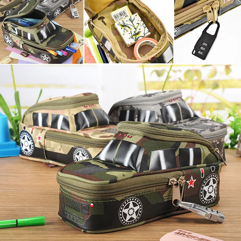 Большой емкости Pencilcase креативный Внедорожник Стиль Пенал Камуфляж молния холст