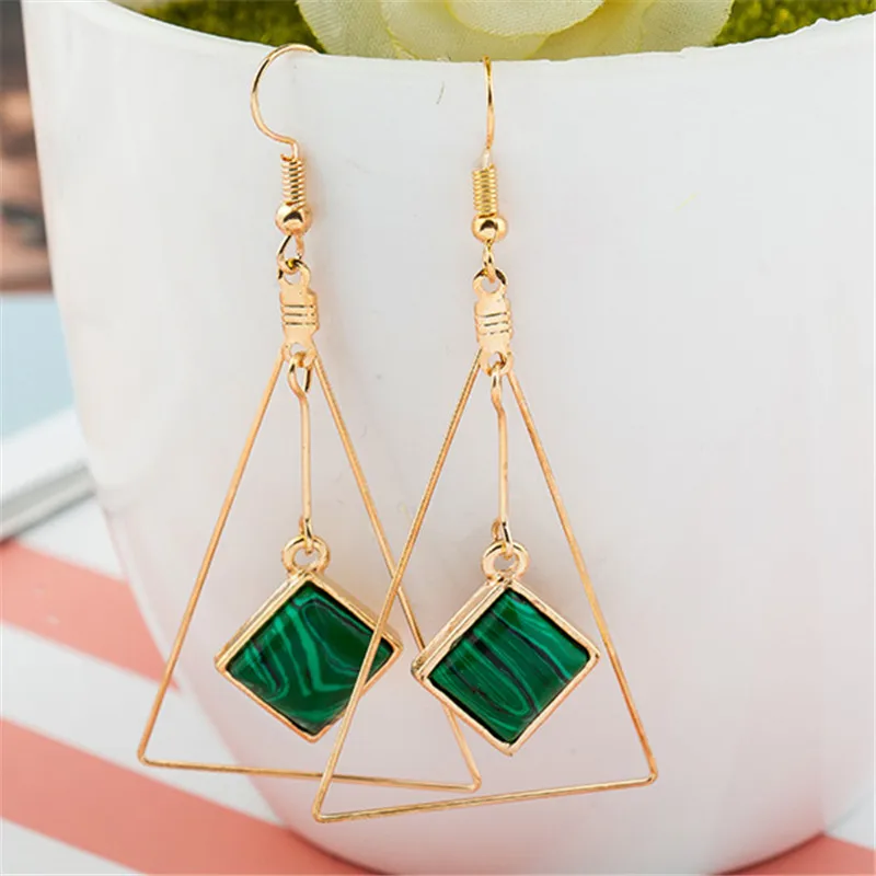 

Gold color green stone earrings for women orecchini fashion triangle earrings boucle d'oreille wholesale