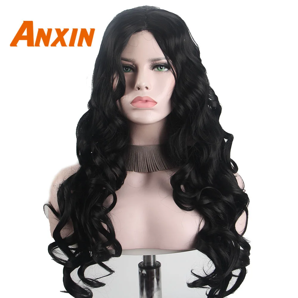 

Long curly wave hair natural black no bangs part Synthetic wig