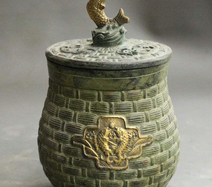 

6" Marked Old China Bronze Copper Gilt Wealtn Fish Bead Goldfish Jar Pot Statue