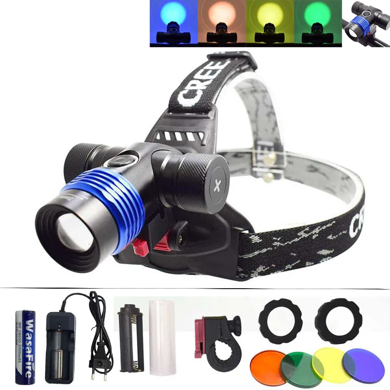 buy Powerful 2000LM Led Headlamp Flashlight Forehead Torch XM L T6 3 Modes Zoomable Headlight 18650 Colorful Light for Bike Camping