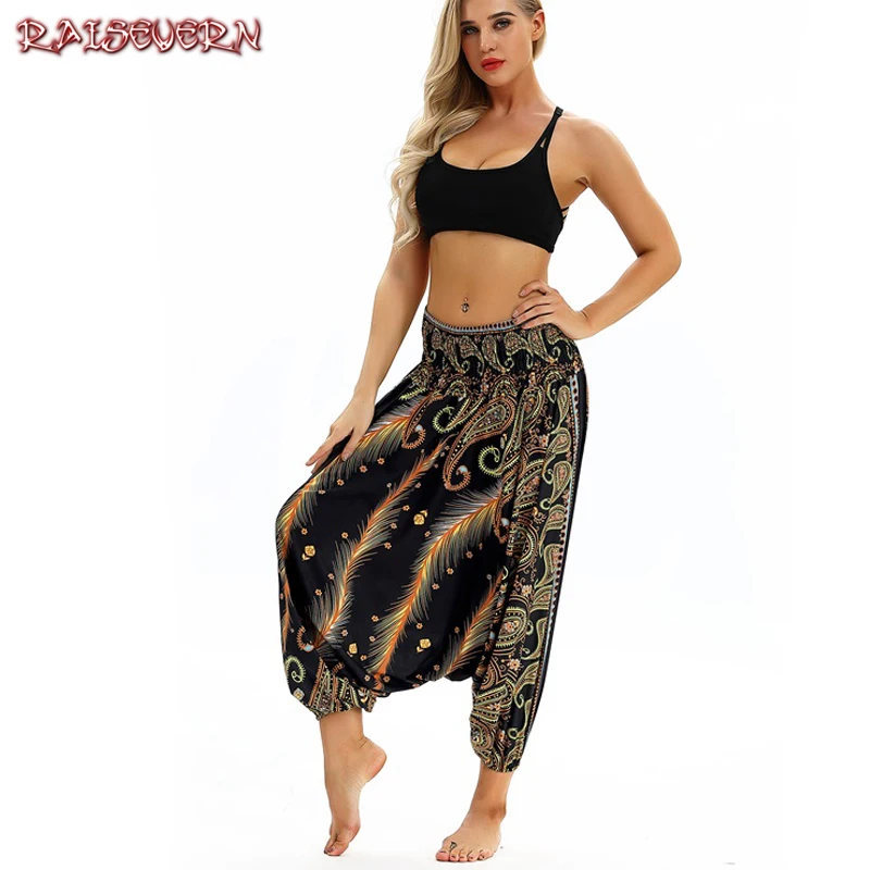 Raisvern женские пляжные брюки, брюки Boho Gypsy Hippie, Женские Широкие штаны-шаровары с принтом павлиньих перьев, эластичные брюки